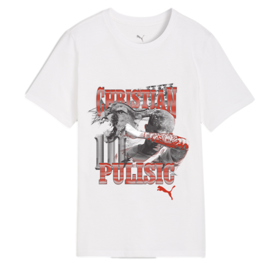 White Puma t-shirt with a graphic print of soccer player Christian Pulisic, featuring his name in red, an image of him, a cougar, and an American flag theme.