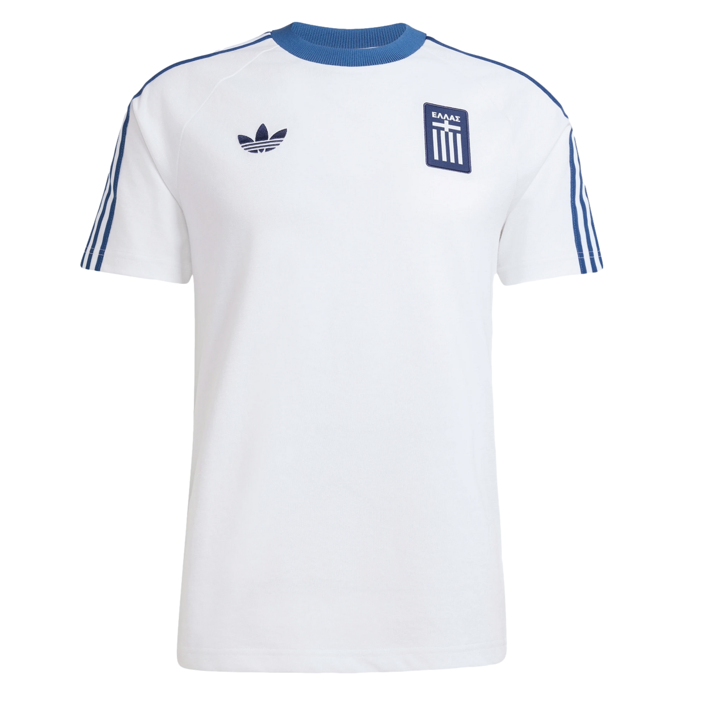 A white Adidas Greece retro soccer jersey with a blue crew neck, blue sleeve stripes, an Adidas trefoil logo, and a Greek national team crest.
