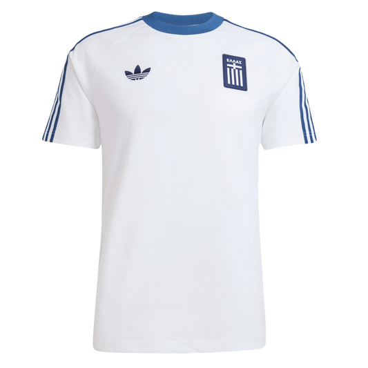A white Adidas Greece retro soccer jersey with a blue crew neck, blue sleeve stripes, an Adidas trefoil logo, and a Greek national team crest.