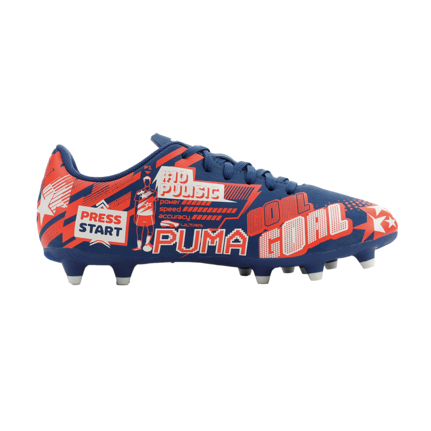 A blue Puma soccer cleat with red and white retro video game graphics, including pixelated "PRESS START," "#10 PULISIC," and "GOAL" text.