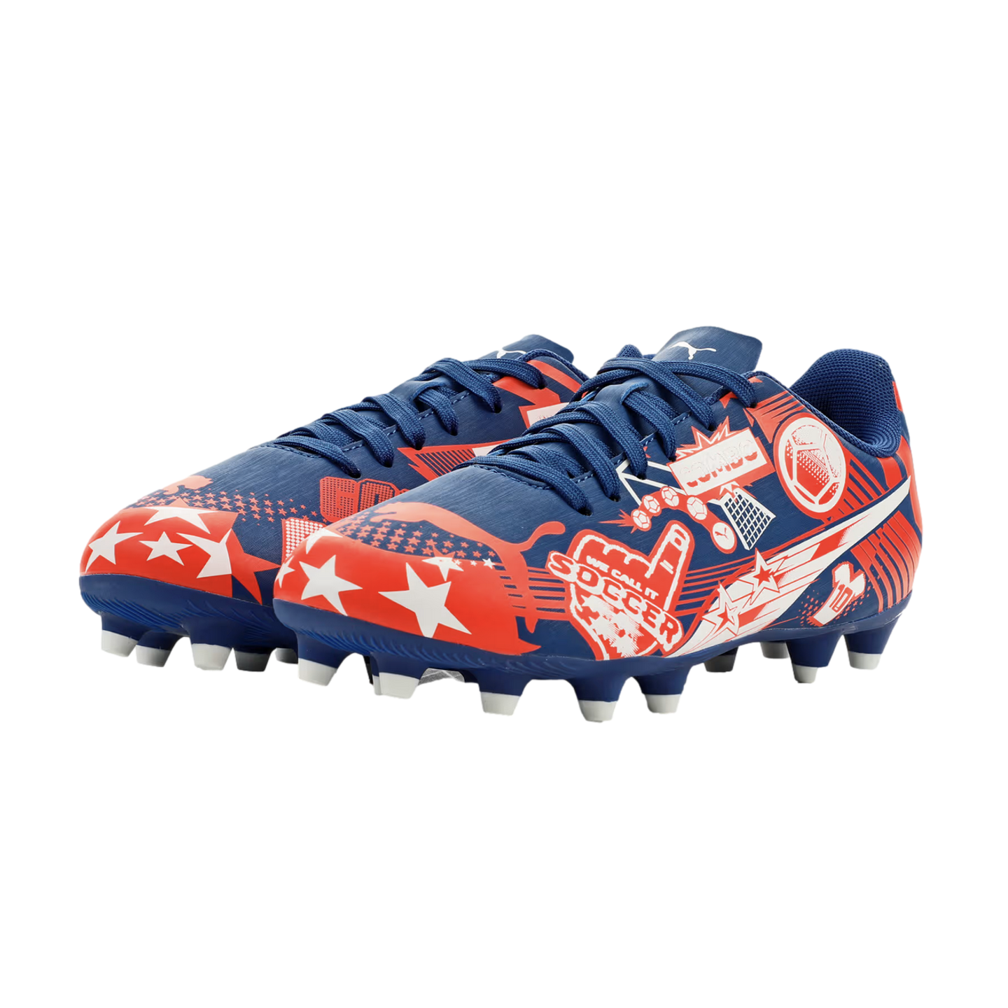 Blue, red, and white soccer cleats featuring comic-style graphics, stars, and the phrase "WE CALL IT SOCCER".