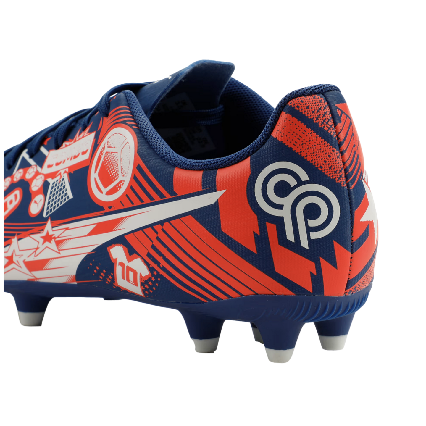 Blue and orange soccer cleat with graphic designs including a soccer ball and the number 10. A white "CP" logo is on the heel.