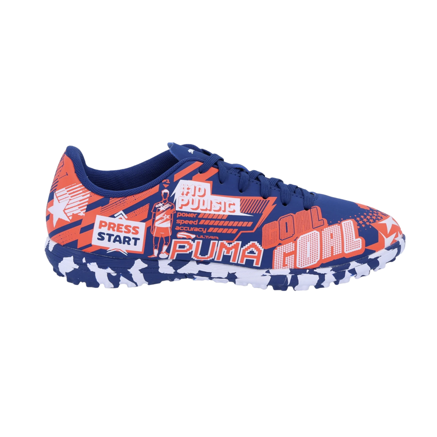 A blue and orange Puma soccer shoe featuring video game-inspired graphics like "PRESS START" and "#10 PULISIC," with a pixelated blue and white patterned sole.