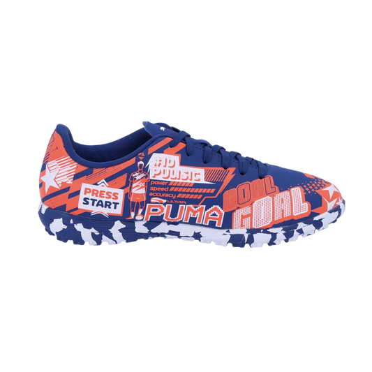 A blue and orange Puma soccer shoe featuring video game-inspired graphics like "PRESS START" and "#10 PULISIC," with a pixelated blue and white patterned sole.