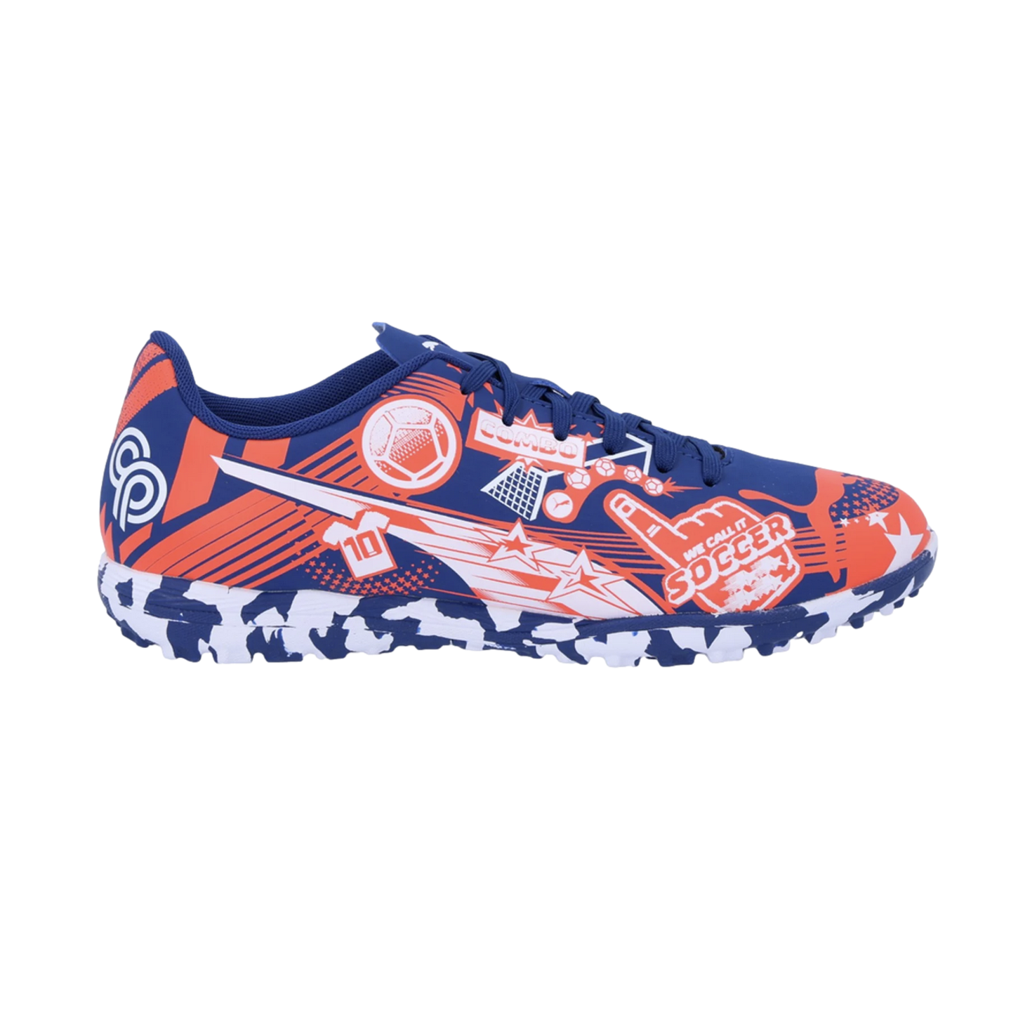 A blue and orange PUMA soccer shoe featuring Christian Pulisic branding, comic-style graphics, and a blue-and-white camo sole, isolated on a black background.