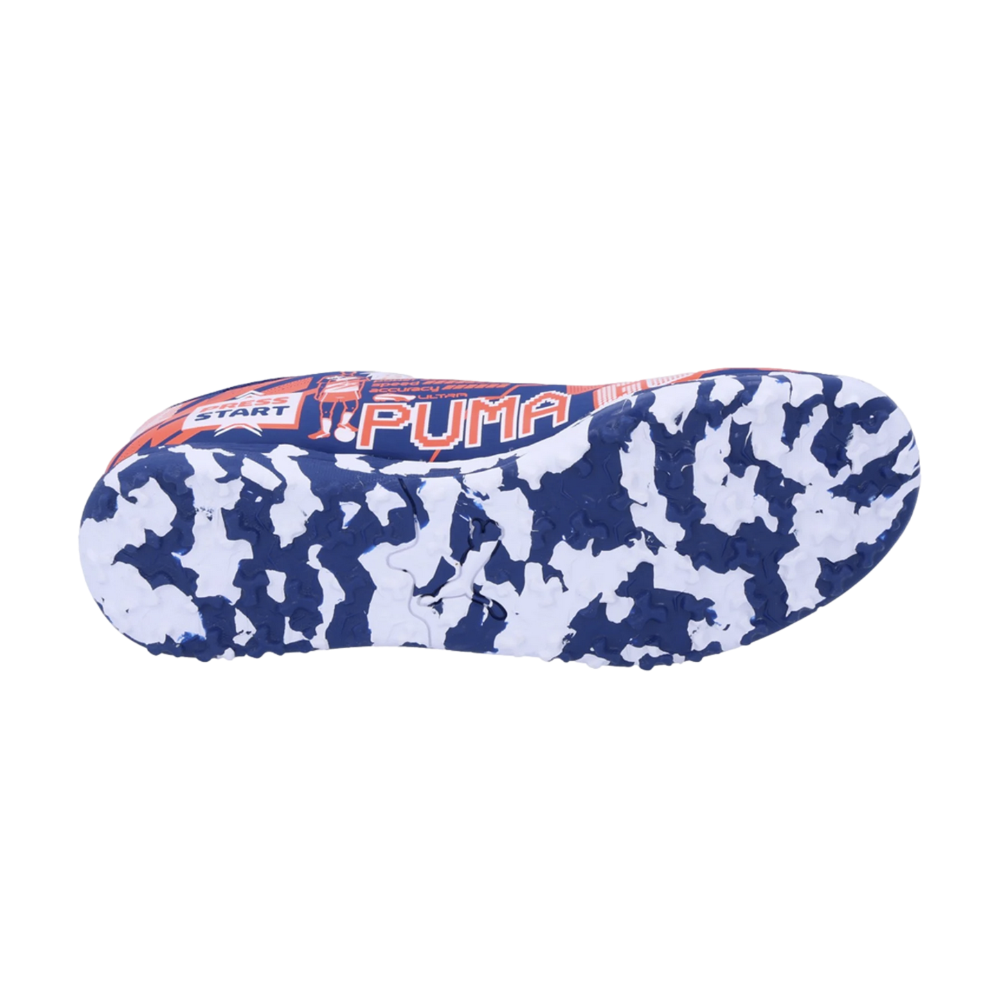 Bottom of a Puma soccer shoe with a pixelated gaming theme in blue, orange, and white, featuring a blue and white camouflage-patterned rubber outsole.