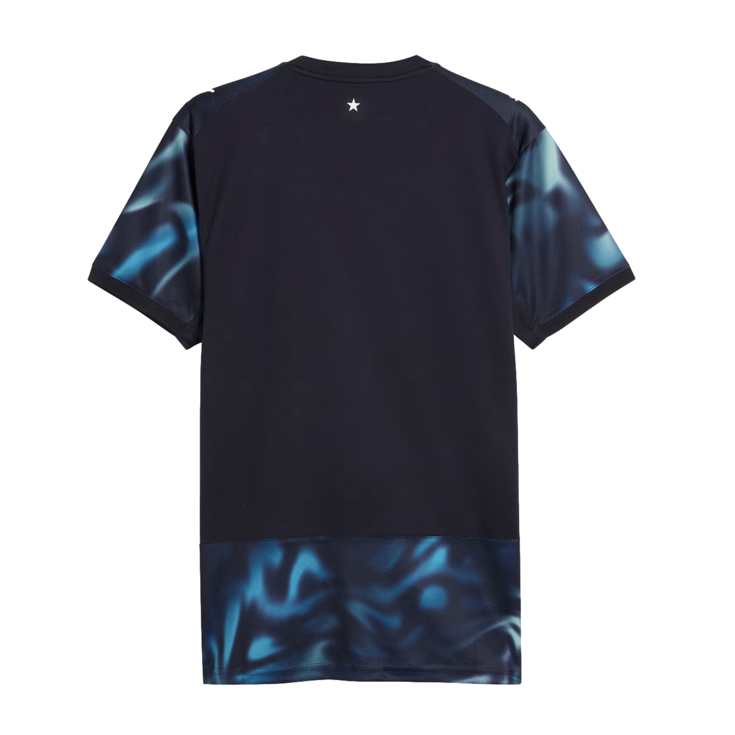 Back view of a navy t-shirt with blue abstract patterns on the sleeves and bottom hem, and a small white star on the upper back.