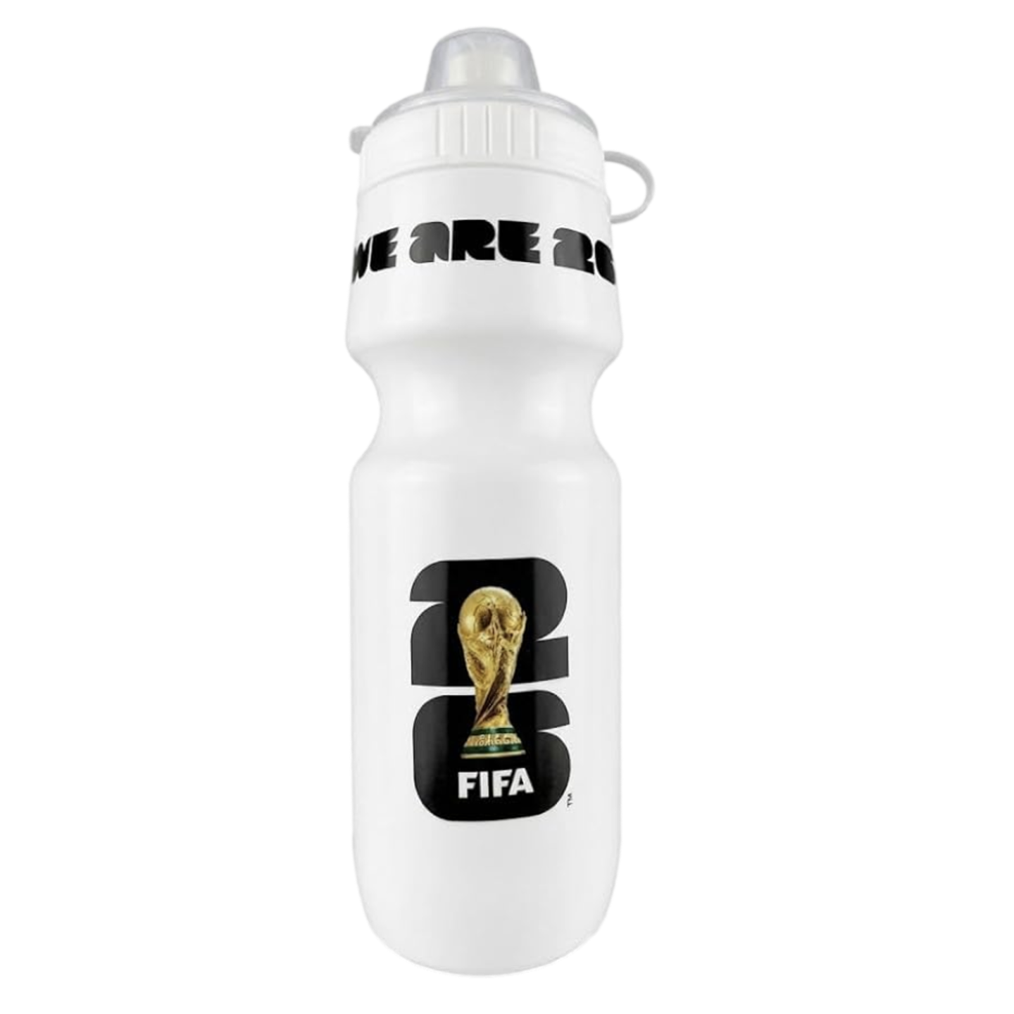A white squeeze water bottle featuring the FIFA World Cup 26 trophy logo and "WE ARE 26" text in bold black.