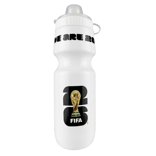 A white squeeze water bottle featuring the FIFA World Cup 26 trophy logo and "WE ARE 26" text in bold black.