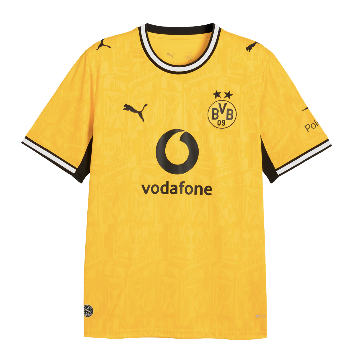 Yellow Puma Borussia Dortmund soccer jersey with a black Vodafone sponsor logo, BVB 09 crest, and black and white striped collar and cuffs.