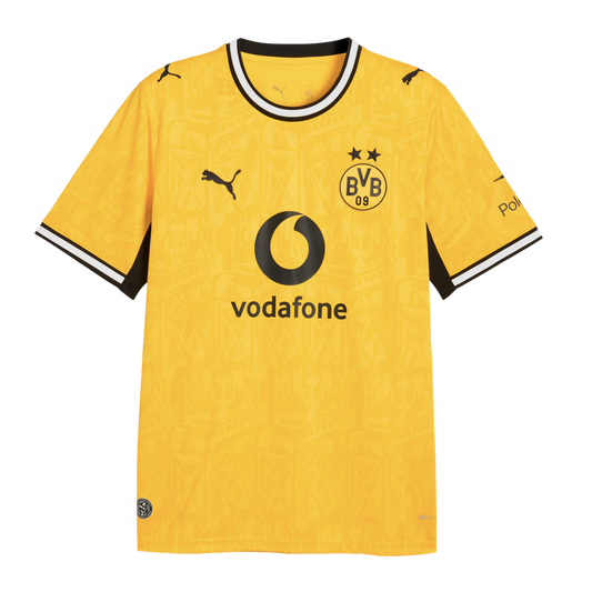 Yellow Puma Borussia Dortmund soccer jersey with a black Vodafone sponsor logo, BVB 09 crest, and black and white striped collar and cuffs.