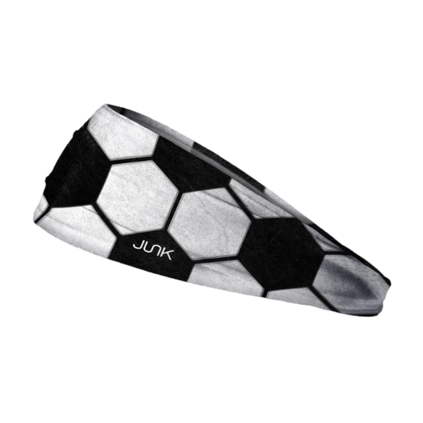 A tapered headband with a black and white soccer ball pattern and the JUNK brand logo, shown against a solid black background.