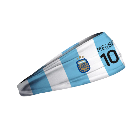 Argentina national football team headband with light blue and white stripes, featuring the AFA crest with three stars and the name "MESSI" with the number "10."