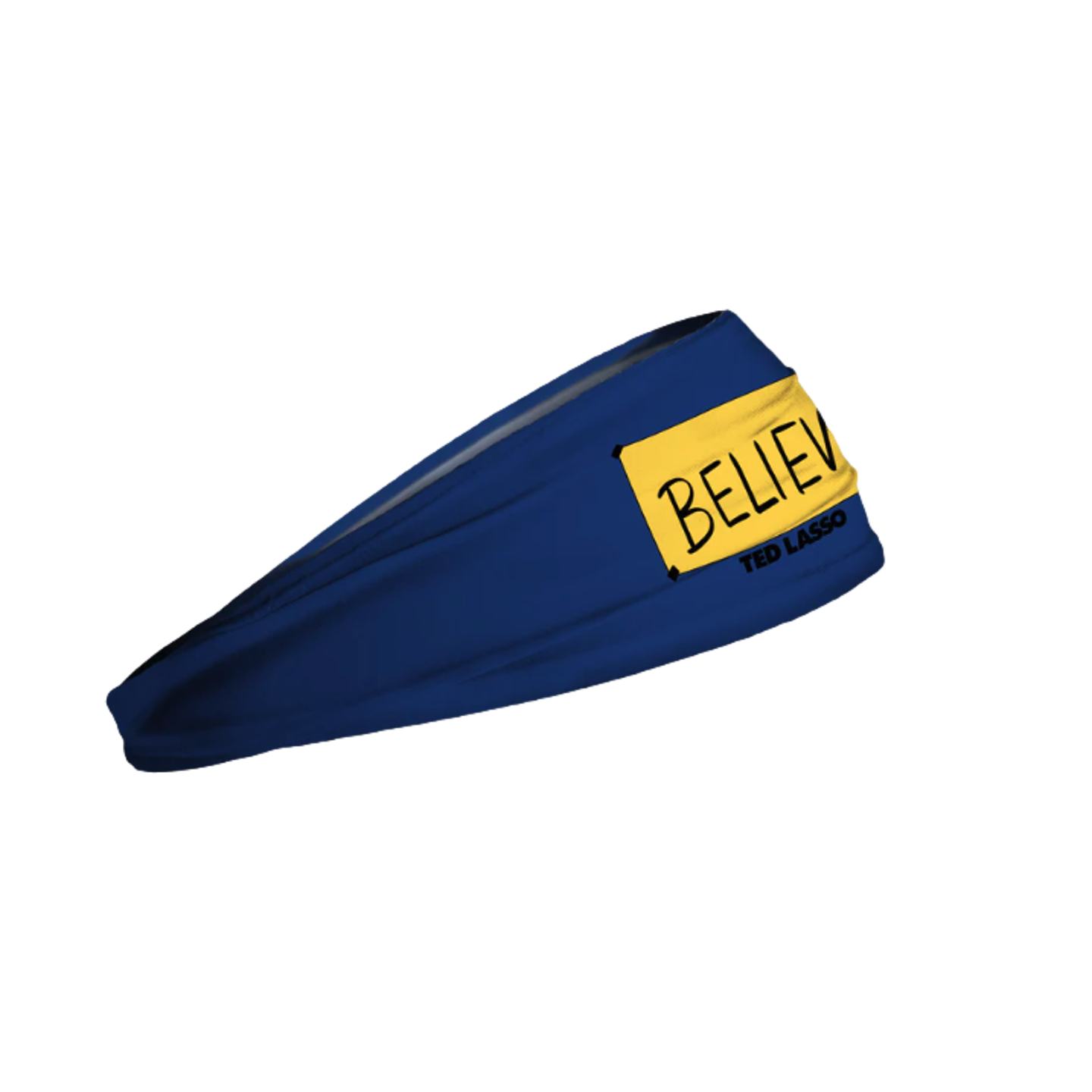 Dark blue athletic headband featuring a yellow "BELIEVE" sign graphic with "TED LASSO" printed in black below it.