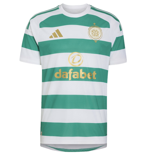 Celtic FC soccer jersey featuring green and white horizontal hoops, with gold Adidas logo, club crest, and 'dafabet' sponsor.