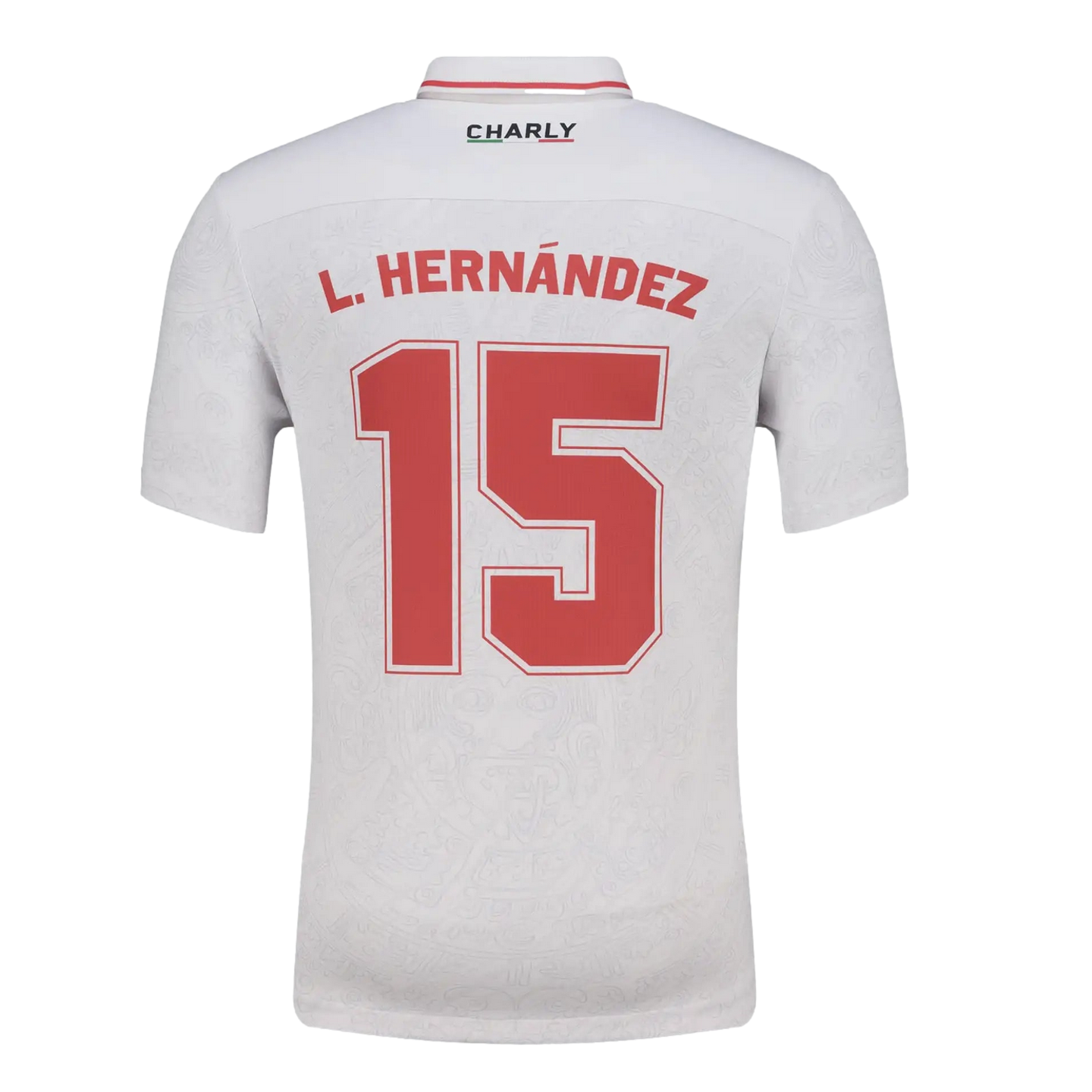 Back of a white soccer jersey with red lettering for "L. HERNÁNDEZ" and the number "15". A "CHARLY" logo is on the upper back.
