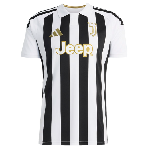 A Juventus home soccer jersey featuring black and white vertical stripes, gold Adidas and Jeep logos, and a white polo collar.