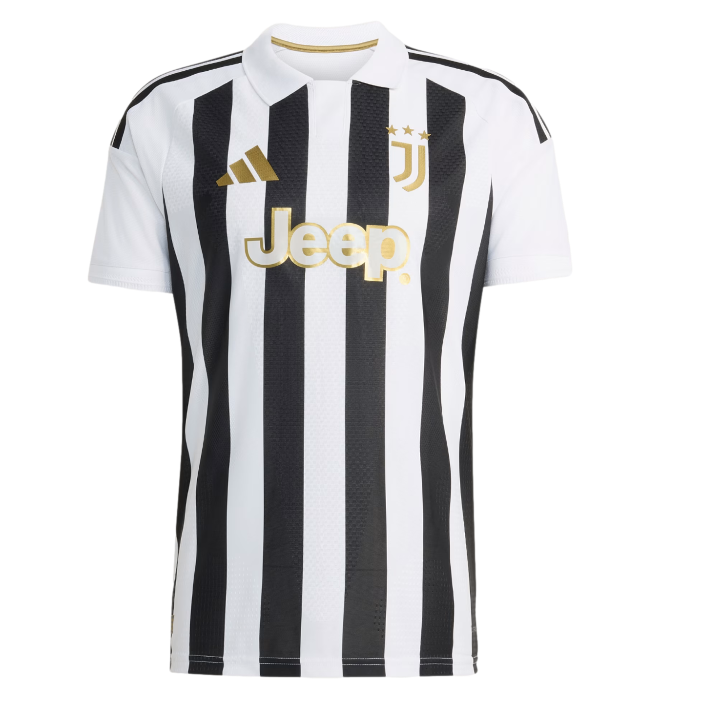 Juventus home soccer jersey with black and white vertical stripes, a white polo collar, and gold Adidas, Juventus crest, and Jeep sponsor logos.