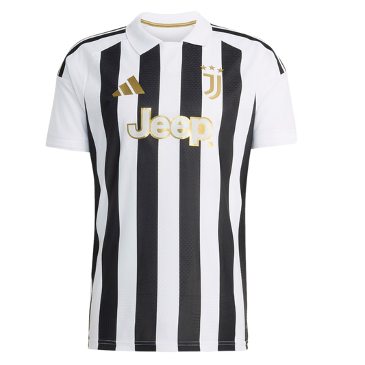 Juventus home soccer jersey with black and white vertical stripes, a white polo collar, and gold Adidas, Juventus crest, and Jeep sponsor logos.
