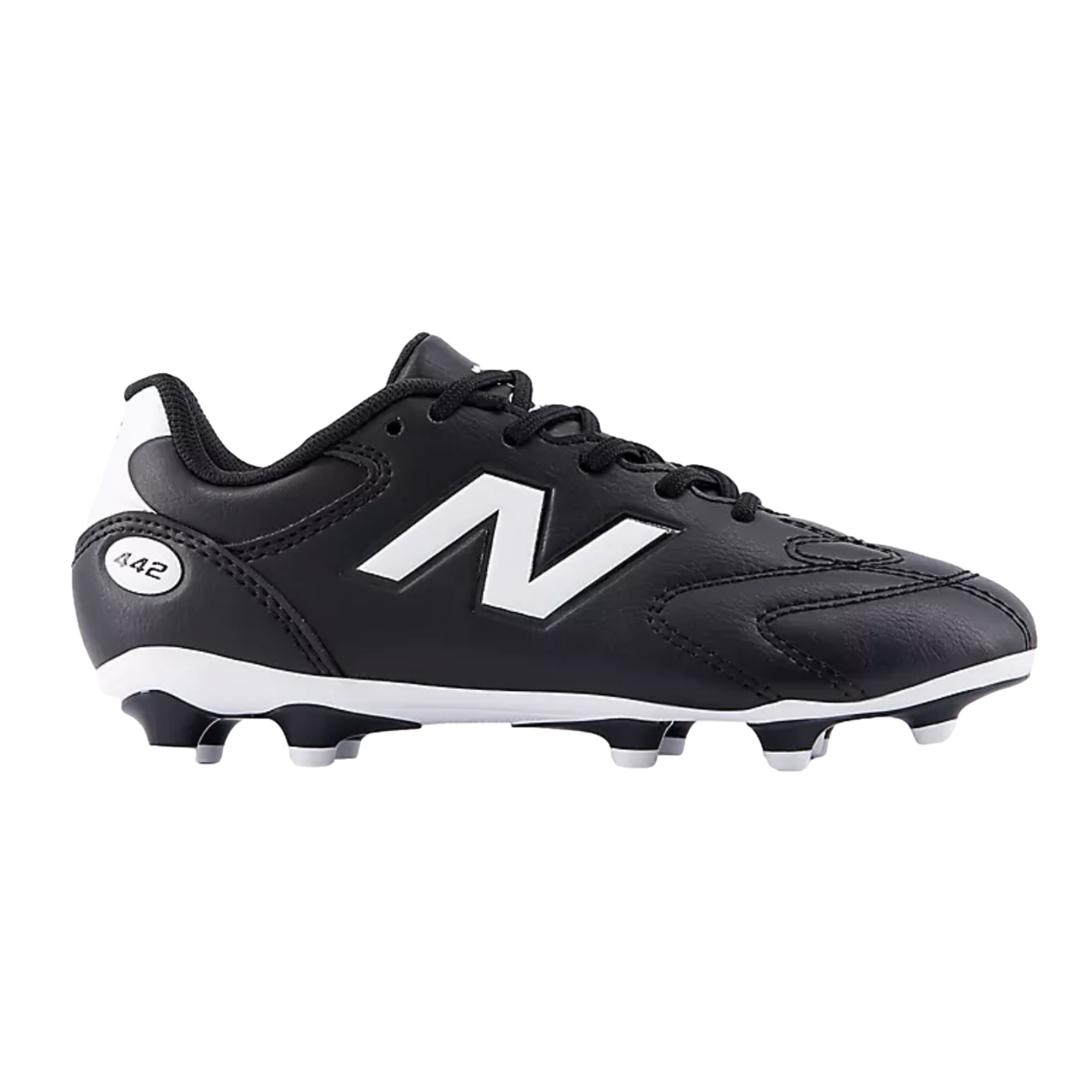 A profile view of a black New Balance 442 soccer cleat with a prominent white "N" logo and a white sole with studs.