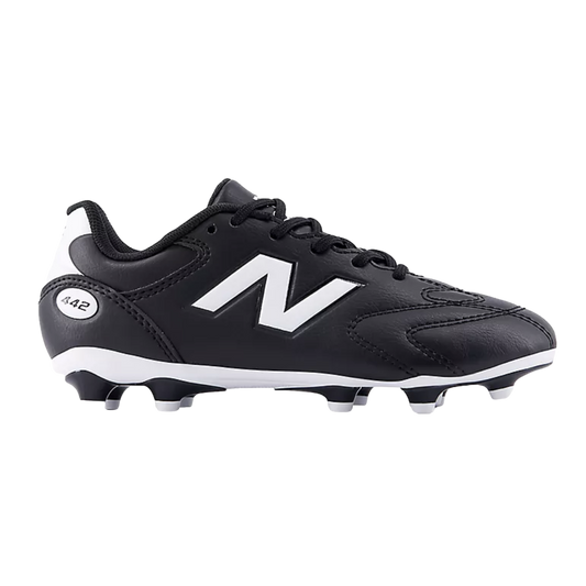 A profile view of a black New Balance 442 soccer cleat with a prominent white "N" logo and a white sole with studs.