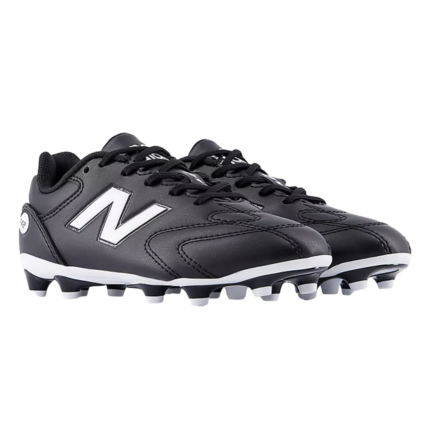 A pair of black New Balance soccer cleats with a white "N" logo and studded soles, displayed against a white background.