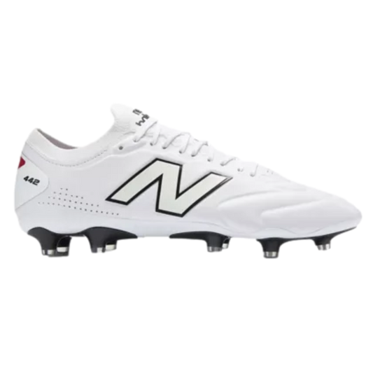 Side view of a white New Balance 442 soccer cleat with a prominent black "N" logo and black-and-silver studs.