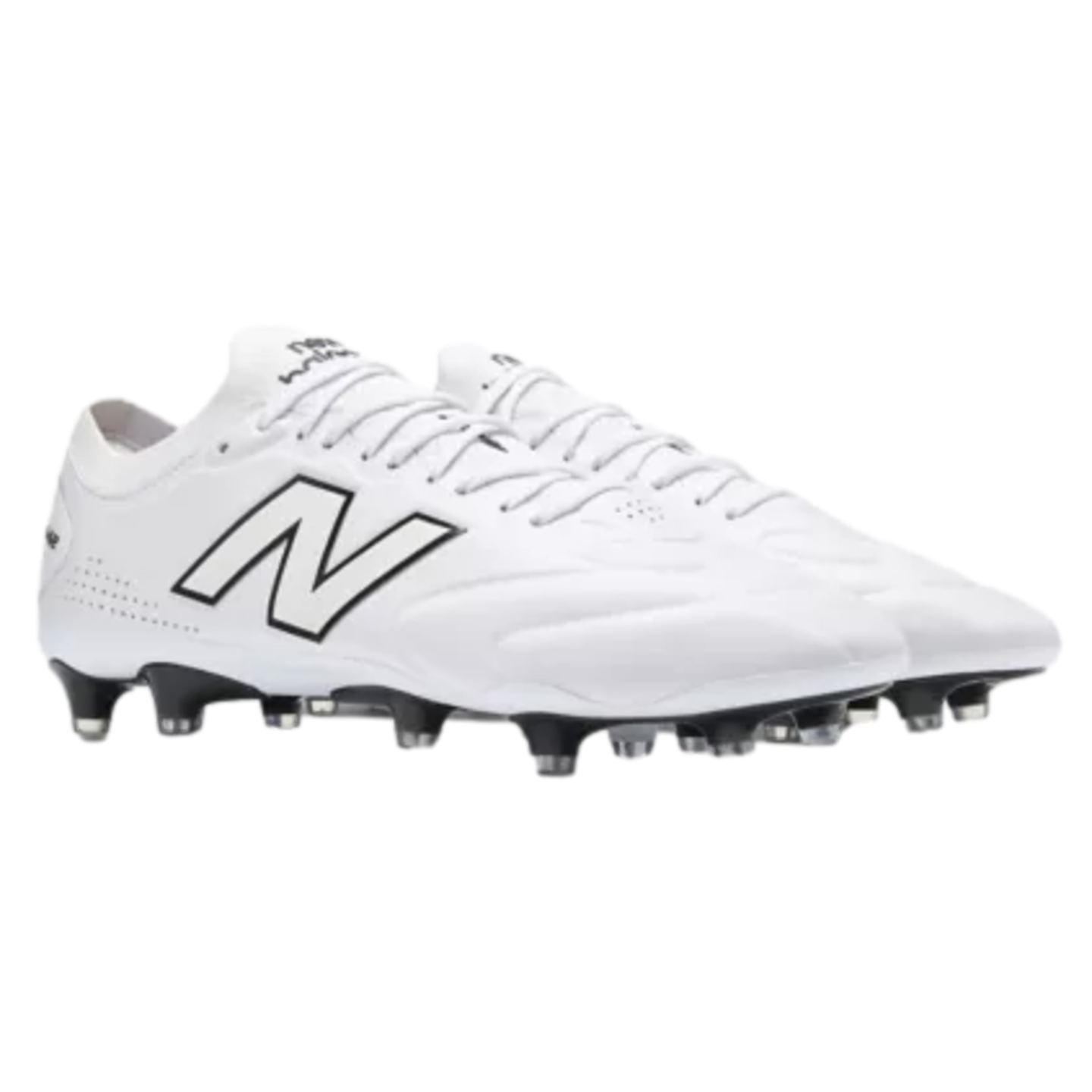 A pair of white New Balance soccer cleats with a black "N" logo and a studded soleplate.
