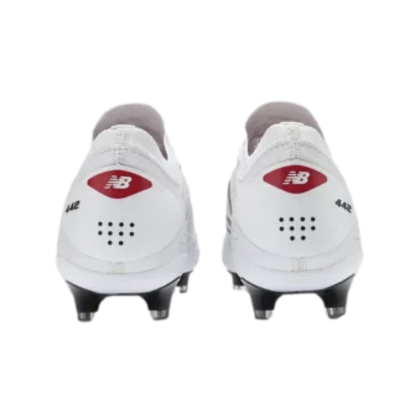 Rear view of white New Balance 442 soccer cleats featuring a red logo on the heels and black studs.