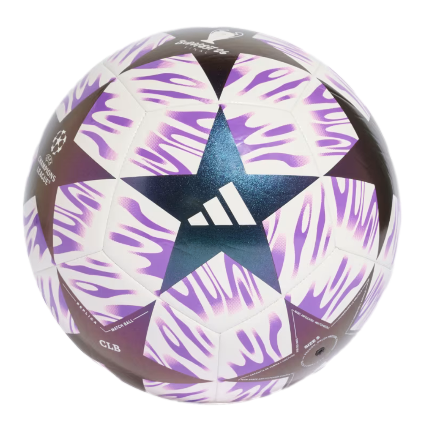 An Adidas UEFA Champions League Budapest 25 replica soccer ball with a white and purple wavy pattern and dark iridescent star-shaped panels.