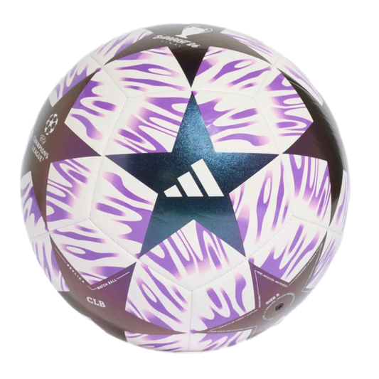 An Adidas UEFA Champions League Budapest 25 replica soccer ball with a white and purple wavy pattern and dark iridescent star-shaped panels.