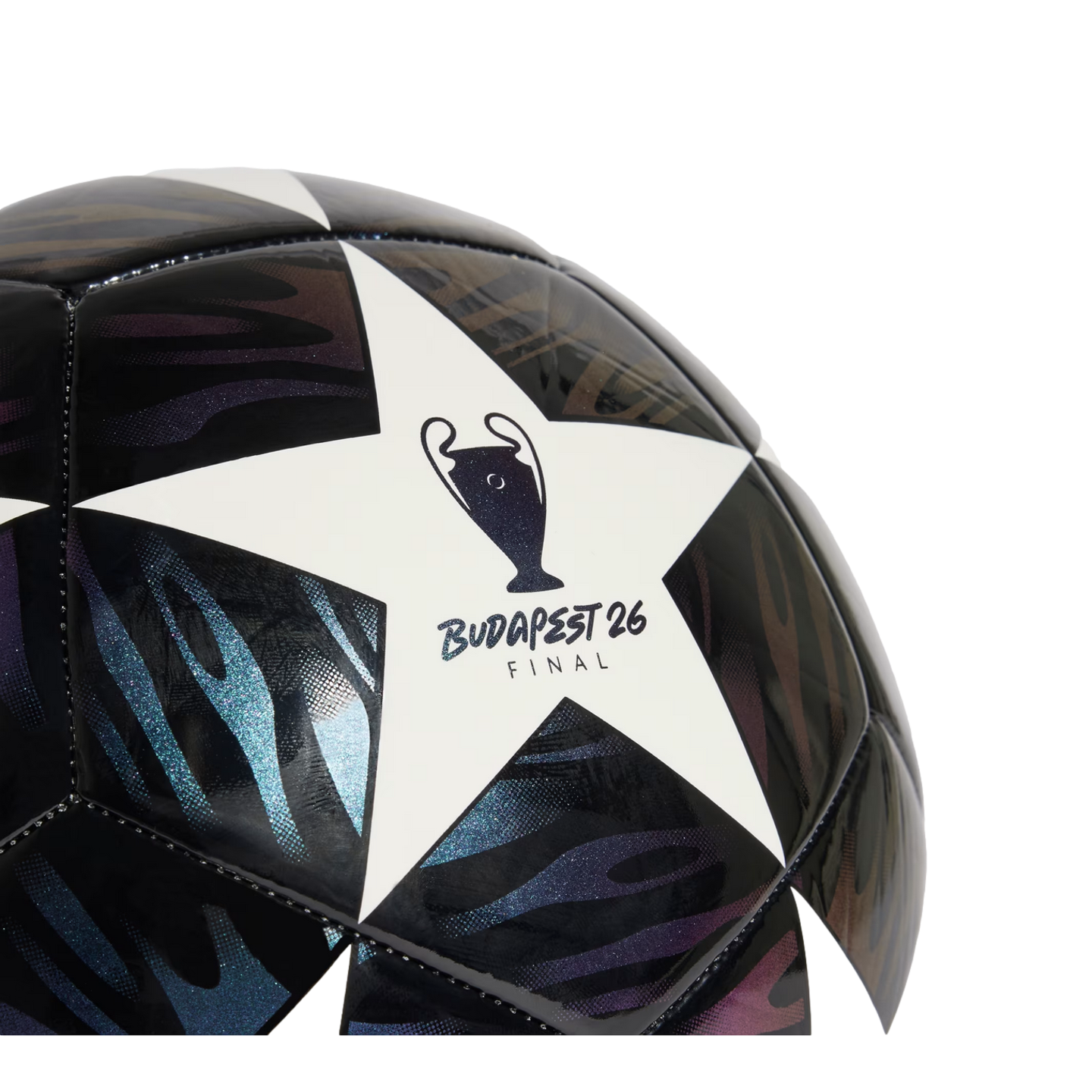 Close-up of a UEFA Champions League soccer ball featuring a white star with the "BUDAPEST 26 FINAL" logo and dark, shimmering patterned panels.