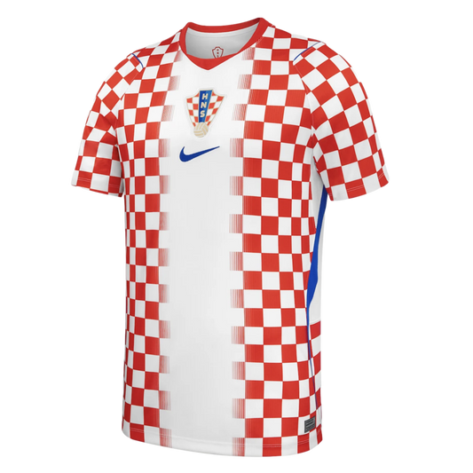 A Nike-branded Croatia national soccer jersey featuring a central white panel flanked by red and white checkerboard patterns on the sides and sleeves, with blue accents and the team crest.