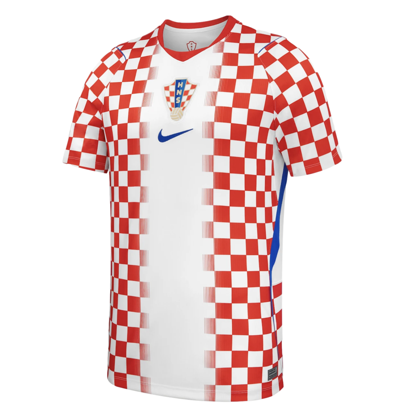 A Nike-branded Croatia home soccer jersey featuring a red and white checkered pattern on the sides and sleeves with a white central panel, HNS crest, and blue swoosh.