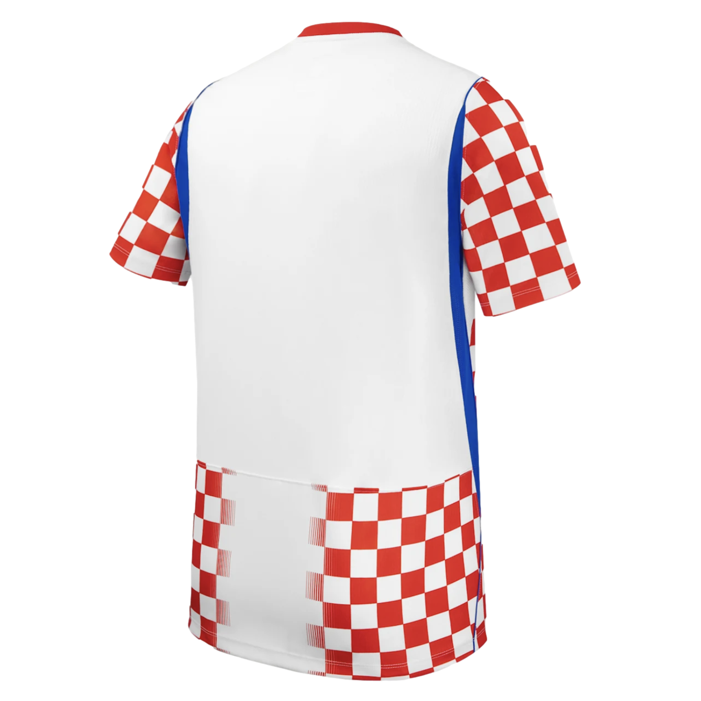 Back view of a white sports jersey featuring red and white checkered sleeves and hem, with thin blue vertical stripes along the sides.