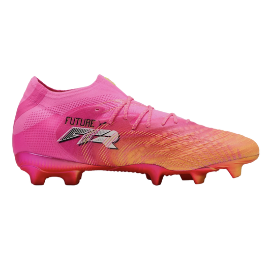 A vibrant pink and orange Puma Future soccer cleat with a textured upper and matching studs, shown in profile against a plain white background.