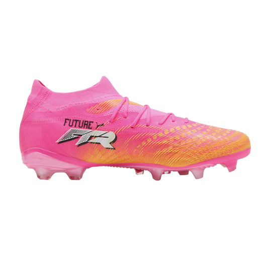 A pink and orange Puma Future soccer cleat with a textured upper and translucent studs, shown from the side against a white background.