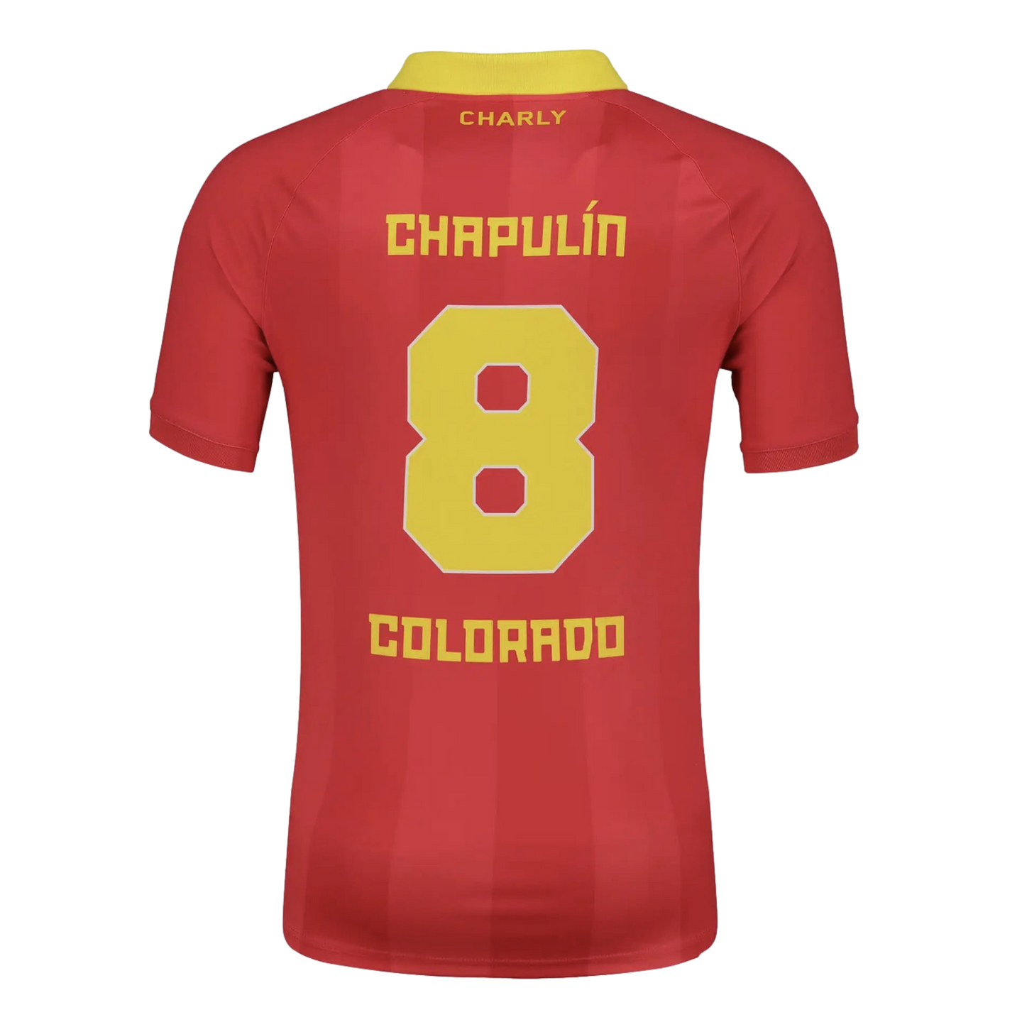 Back view of a red sports jersey with a yellow collar. It features yellow lettering: 'CHARLY' at the top, 'CHAPULÍN' above a large '8', and 'COLORADO' at the bottom.
