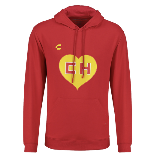 Red hoodie featuring a yellow heart with red "CH" letters on the chest, a front kangaroo pocket, and a small yellow logo on the left side.