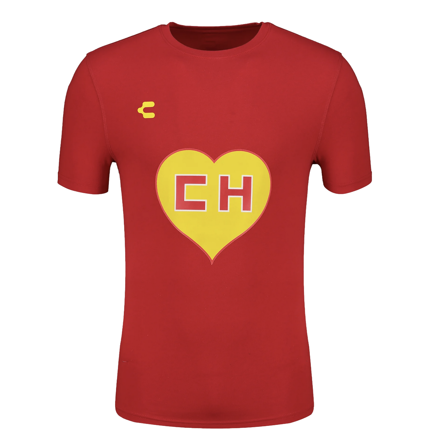 Red short-sleeved t-shirt with a yellow heart on the chest featuring red letters "CH". A small yellow logo is on the upper chest.