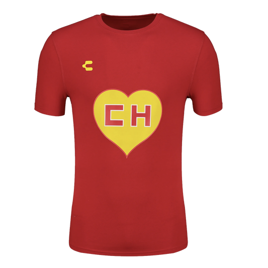 Red short-sleeved t-shirt with a yellow heart on the chest featuring red letters "CH". A small yellow logo is on the upper chest.