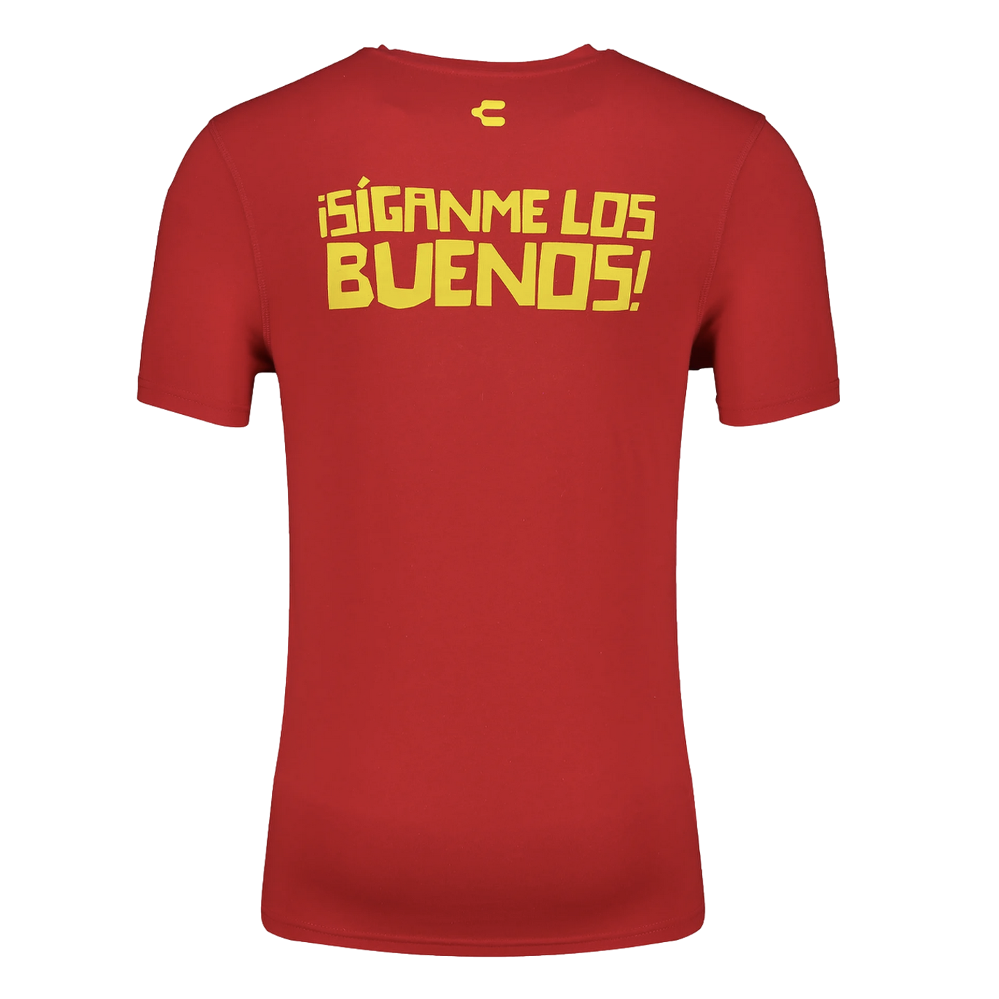 The back of a red t-shirt with the yellow text "¡SÍGANME LOS BUENOS!" and a small logo above it.