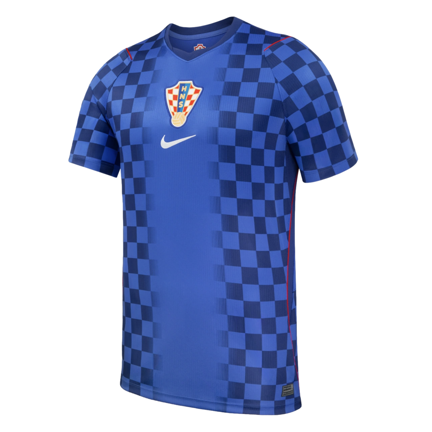 Blue Croatia national football team away jersey by Nike with a checkered pattern on the sides and sleeves, featuring the team crest and white swoosh centered on the chest.