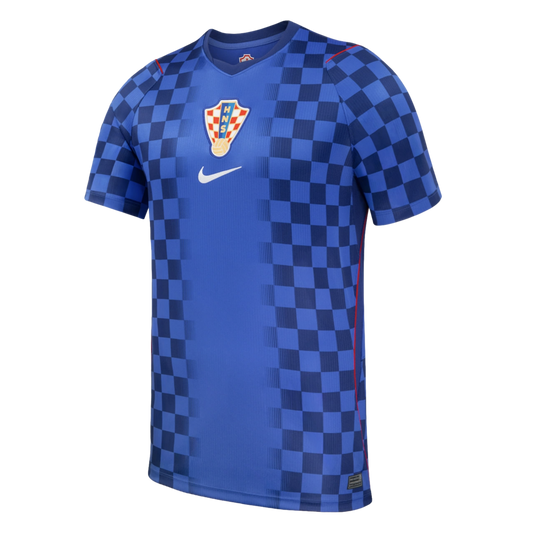 Blue Croatia national football team away jersey by Nike with a checkered pattern on the sides and sleeves, featuring the team crest and white swoosh centered on the chest.