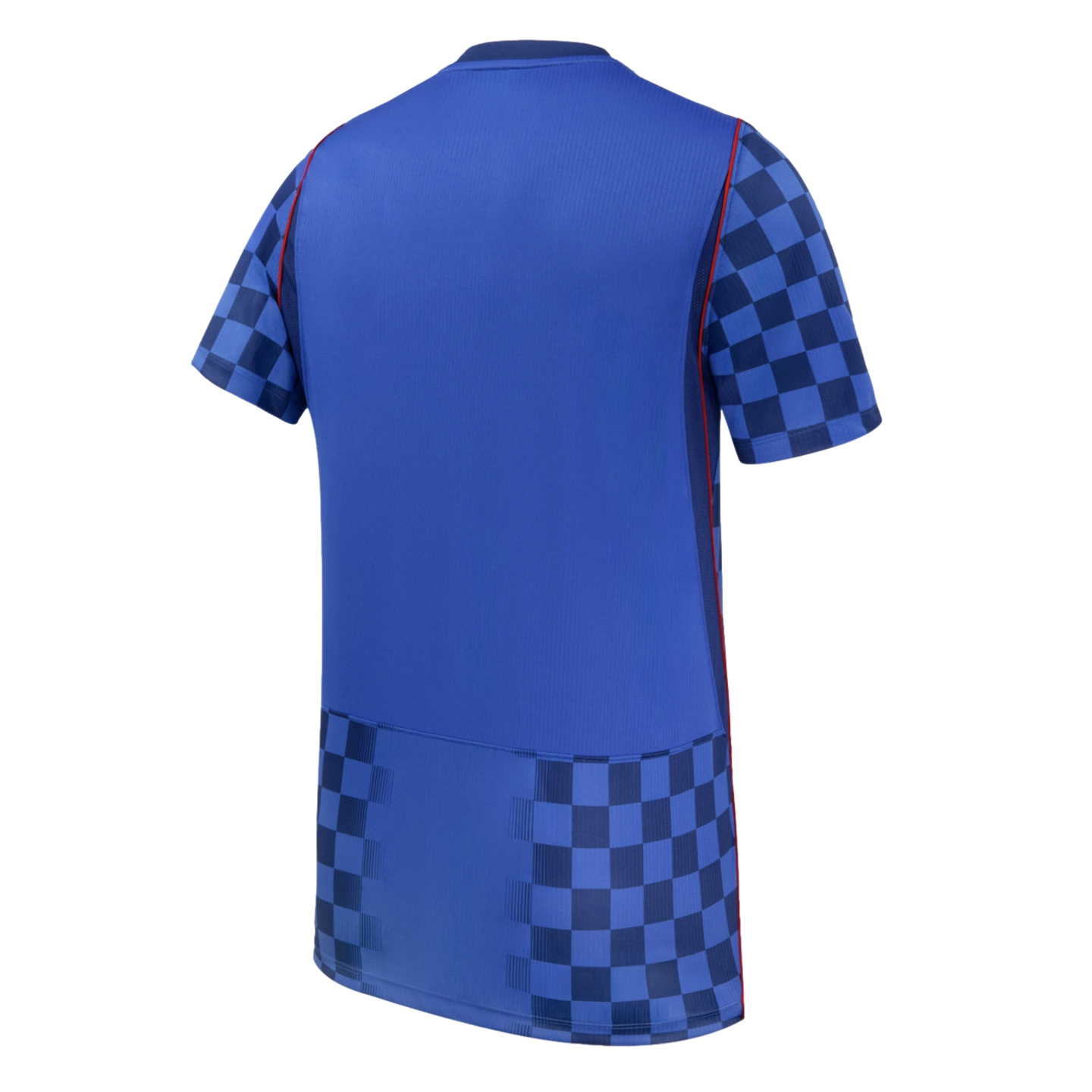 Back of a blue sports jersey featuring a navy blue checkerboard pattern on the sleeves and bottom hem, with thin red piping along the sides.