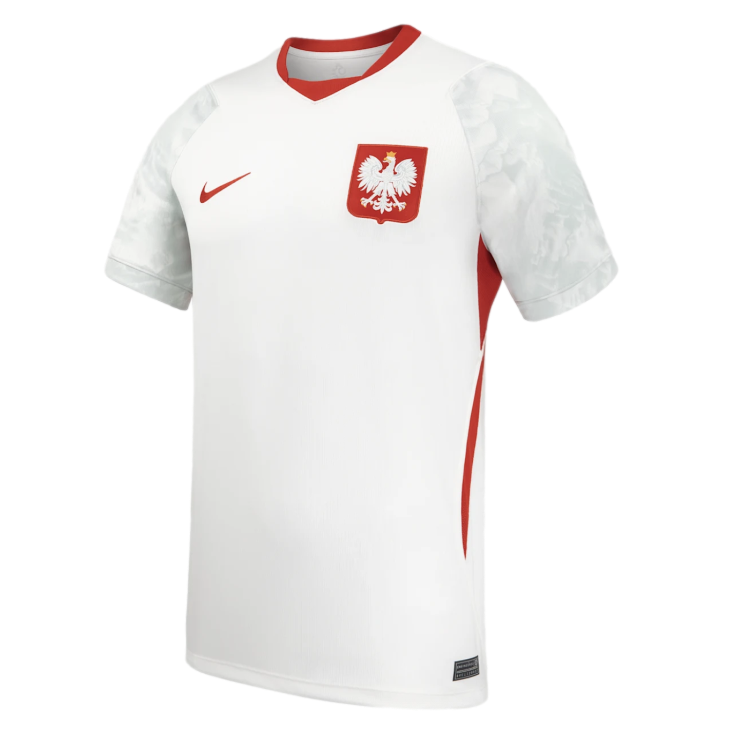 White Nike Poland national soccer jersey with red accents, patterned sleeves, and the Polish eagle crest on the chest.
