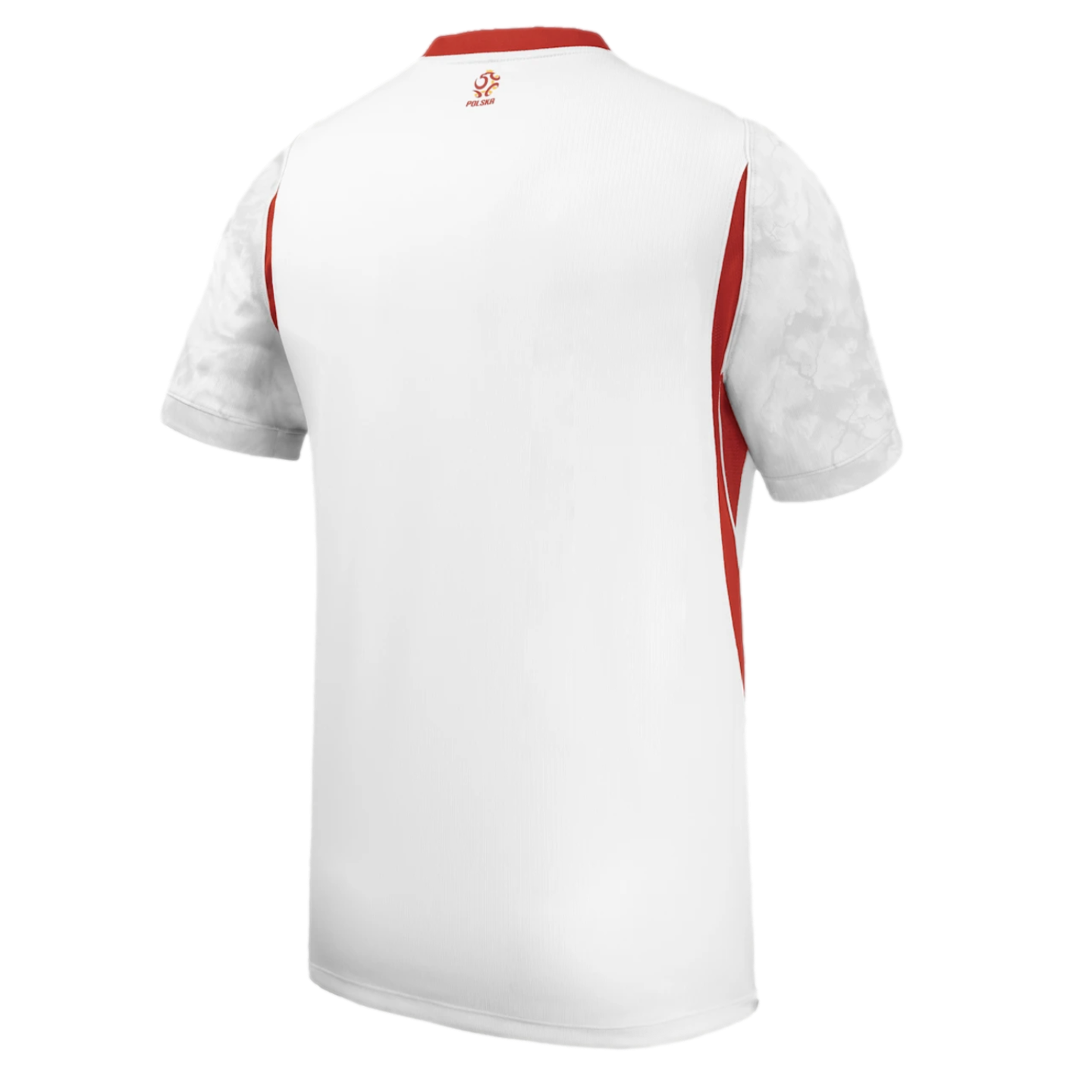 Back view of a white sports jersey with red side panels, red collar, grey patterned sleeves, and a small gold "POLSKA" logo on the back neck.