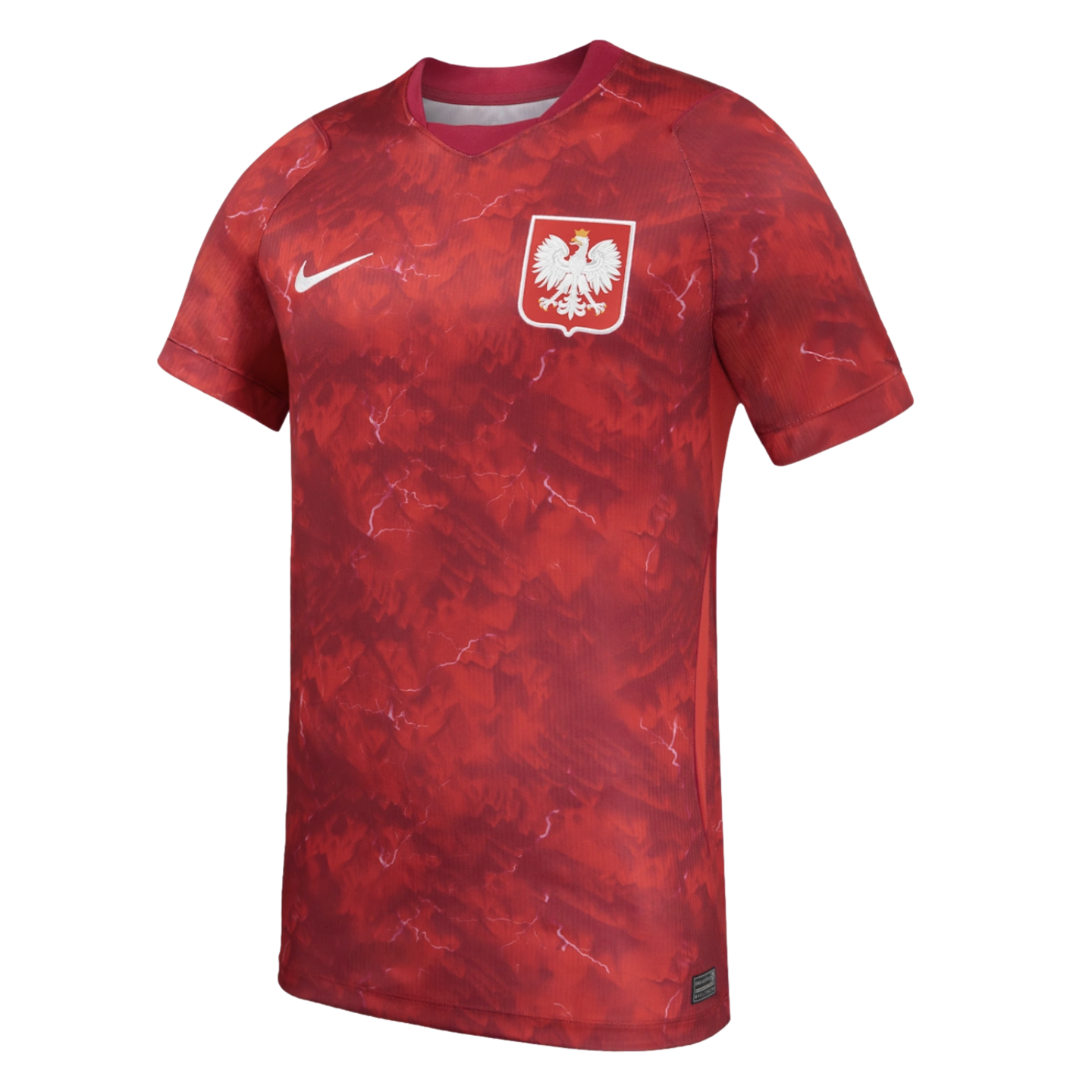 Red Nike Poland national team football jersey with a marbled pattern, featuring a white Nike swoosh and the Polish national crest on the chest.