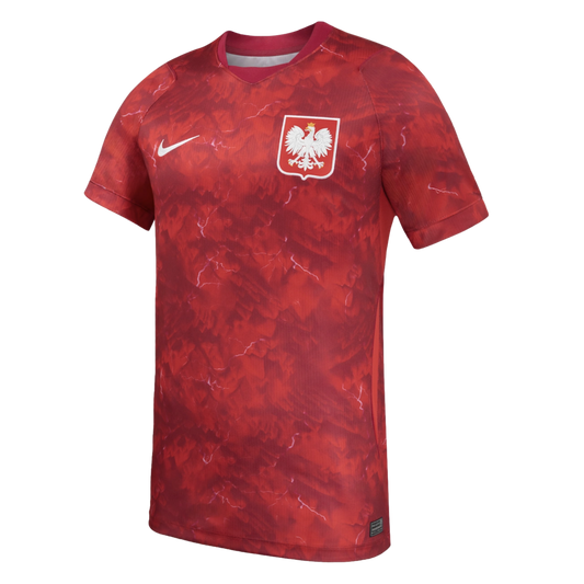 Red Nike Poland national team football jersey with a marbled pattern, featuring a white Nike swoosh and the Polish national crest on the chest.