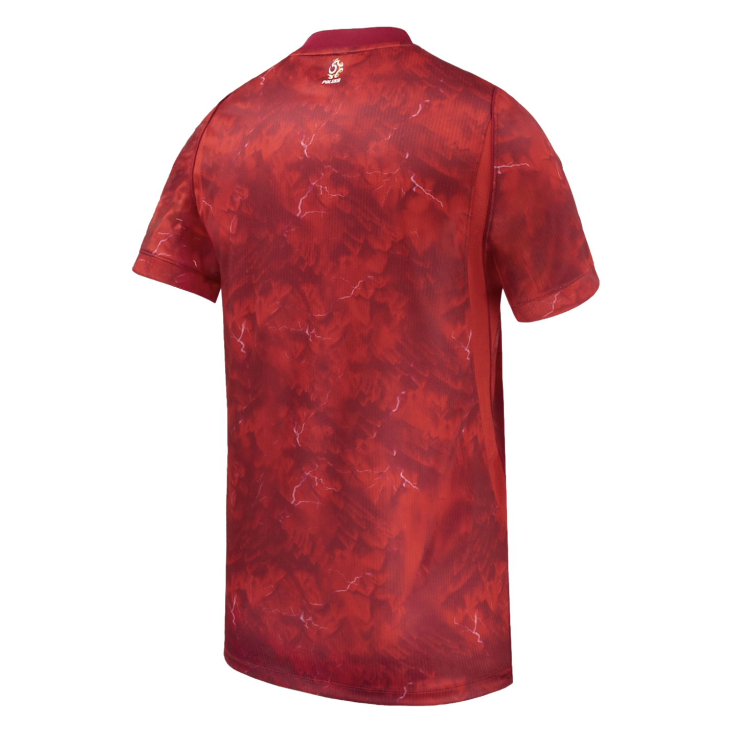 Back view of a red short-sleeved jersey with an abstract, mottled pattern and thin white lightning-like veins. A small logo sits below the collar.